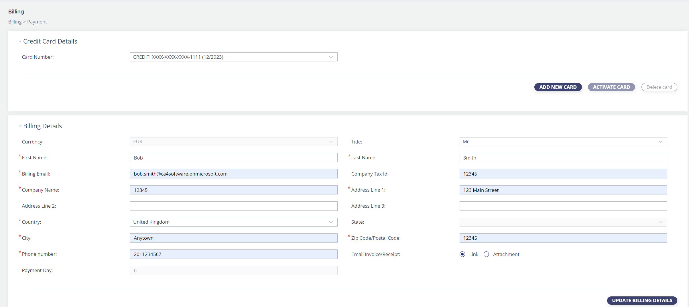 Credit card details page