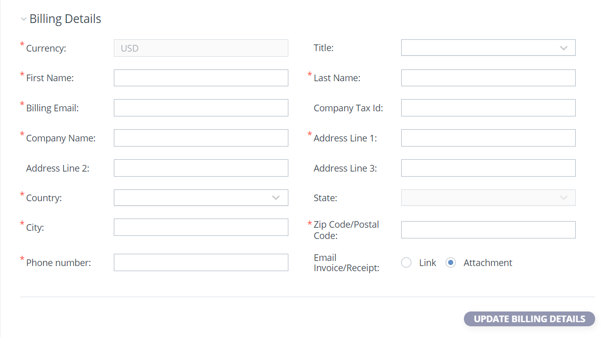 Billing Details - name, address, phone number. Update billing details button is highlighted.
