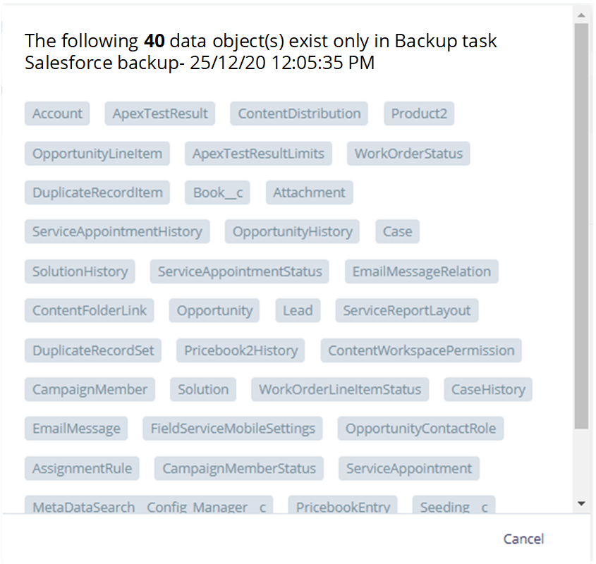 The following 40 data objects exist only in Backup task Salesforce backup on a certain date