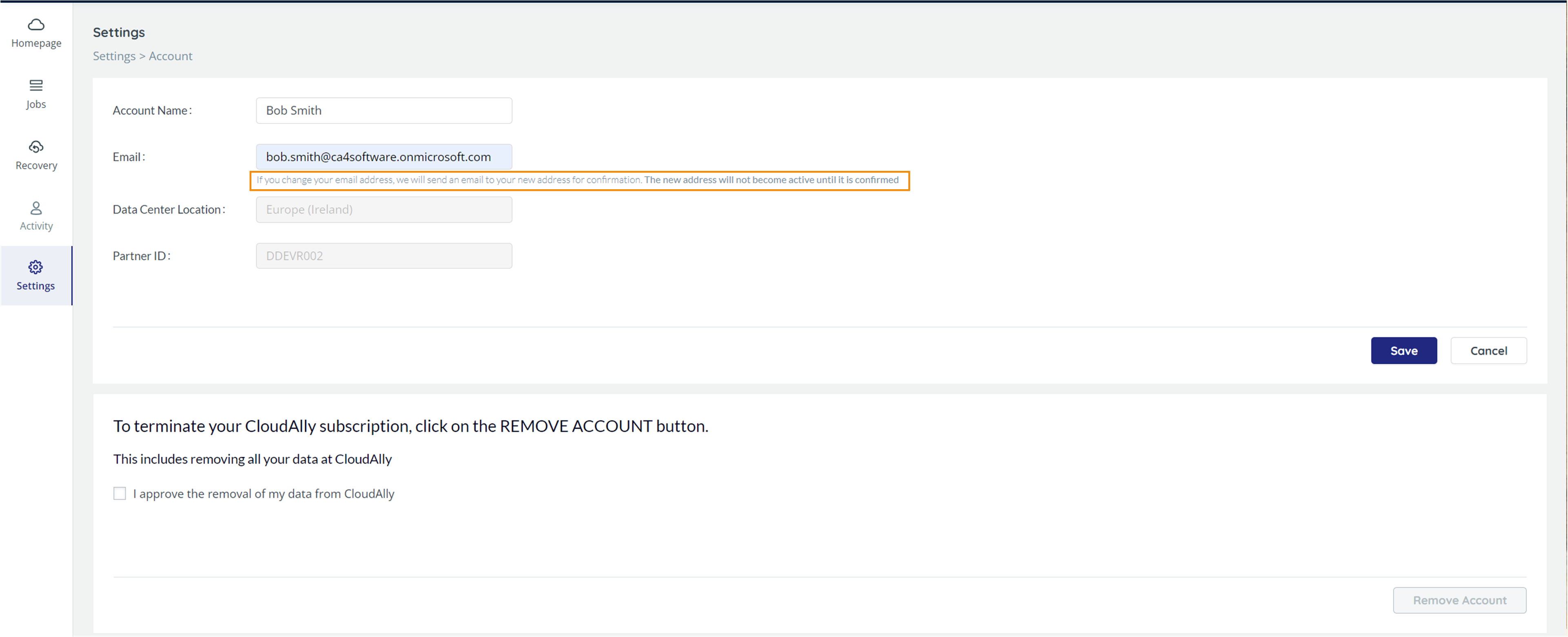 Account settings, highlighting message that account changes will not take effect until user confirms.