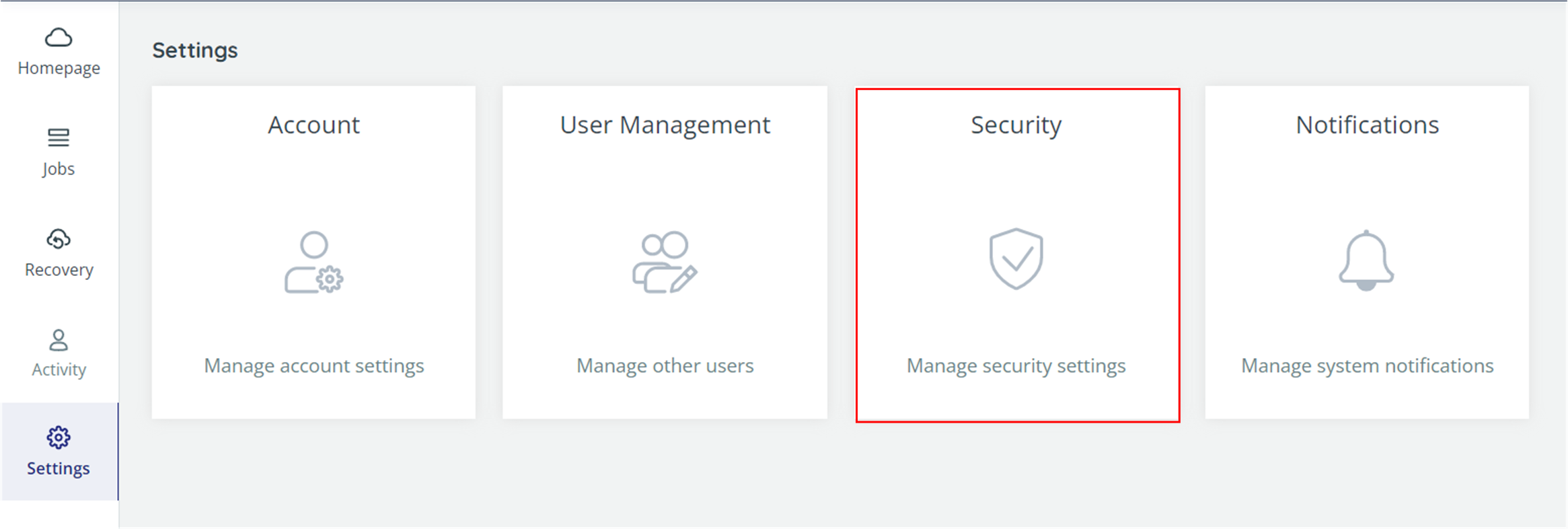 Settings option in the navigation pane, with Security highlighted