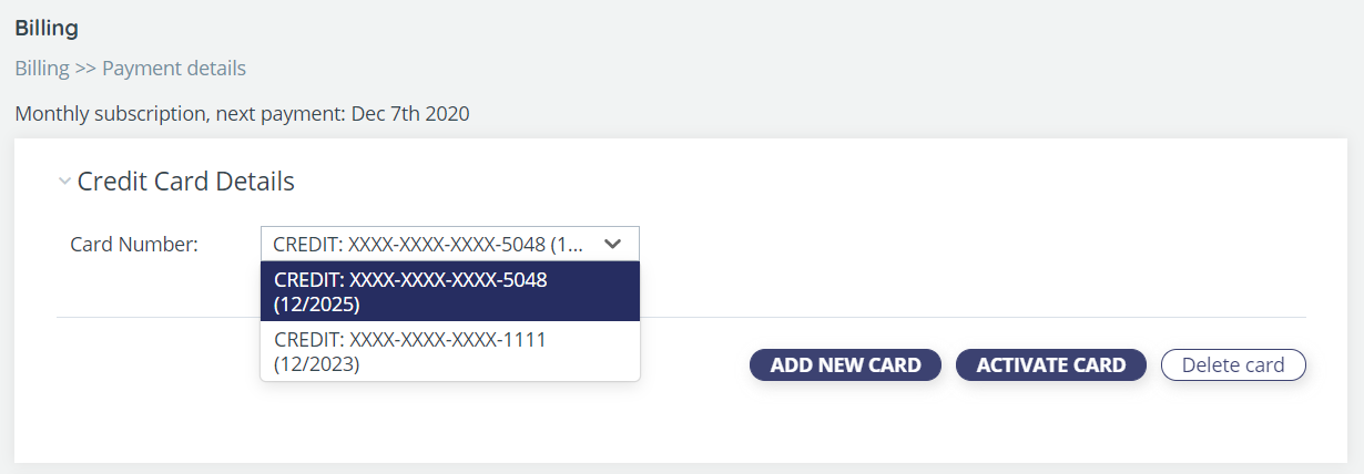 Selecting credit card, with Activate Card selected