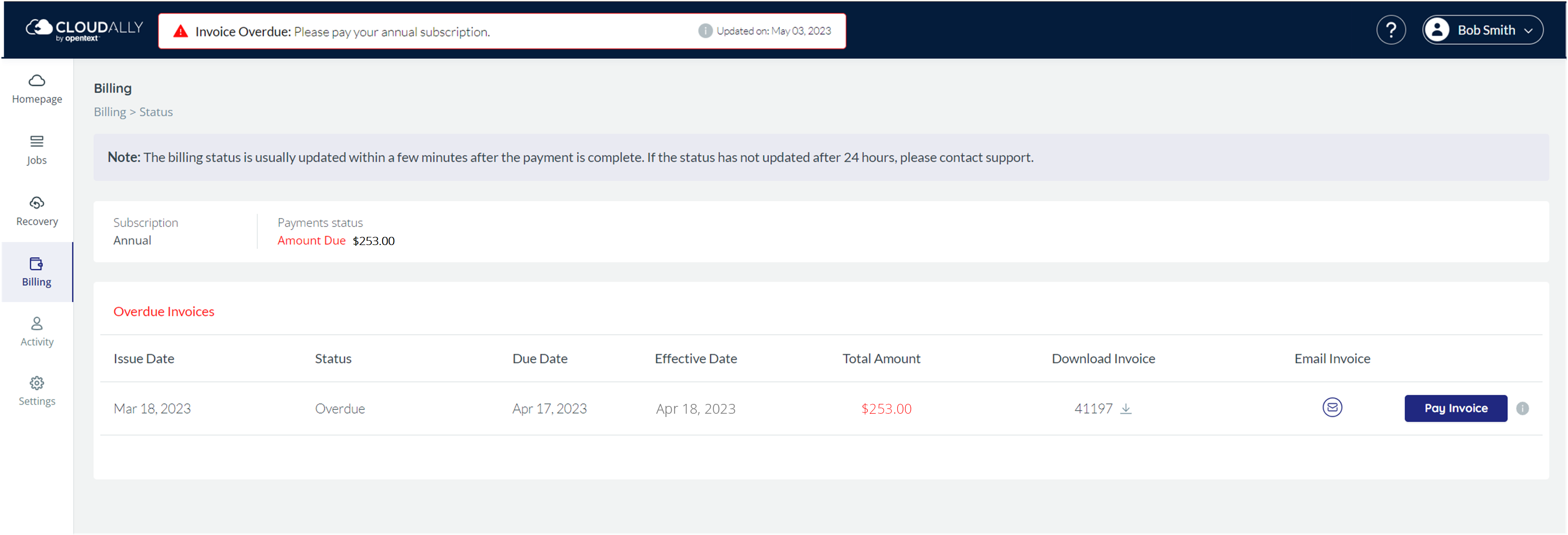 Billing status page with Invoice Overdue message