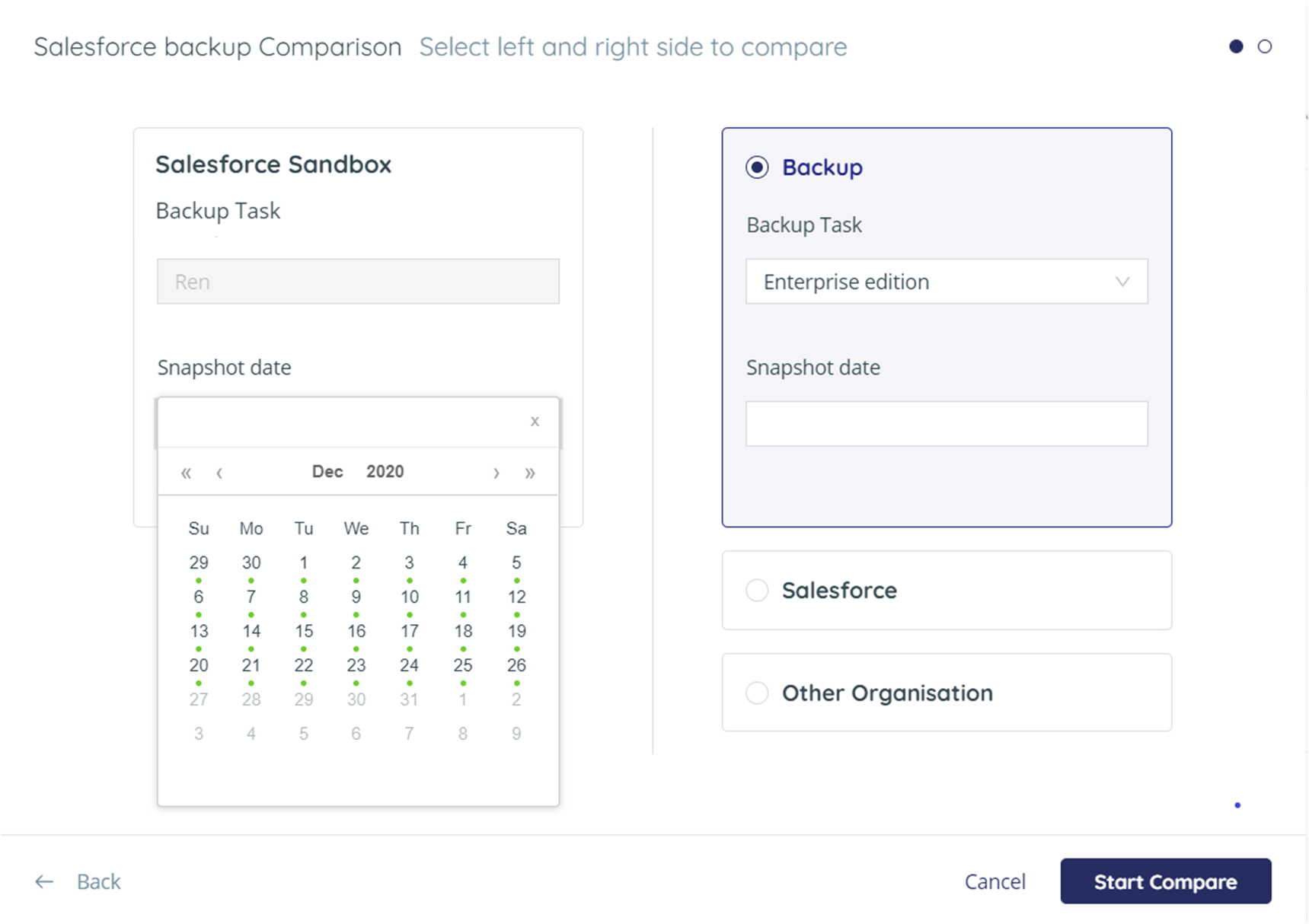 Salesforce backup comparison - select snapshot date