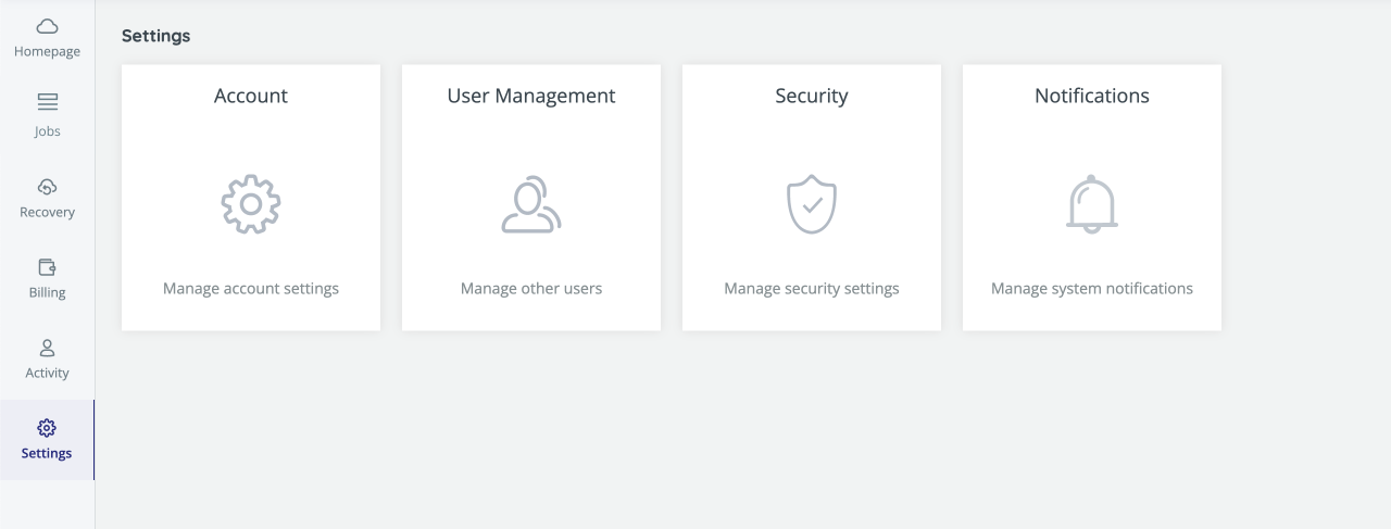 Settings page, with Account, User Management, Security and Notifications options
