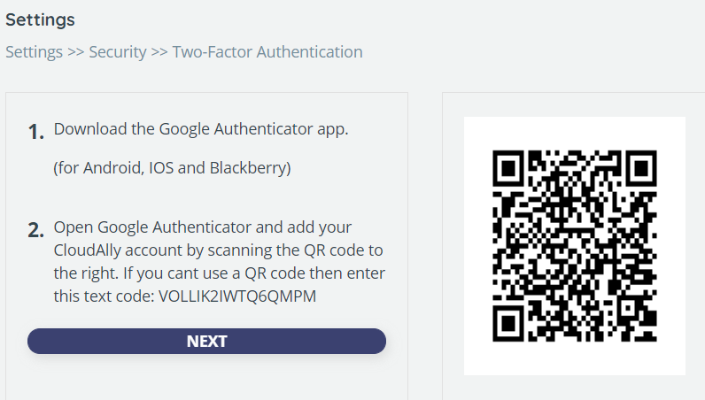 Security settings two-factor authentication page with steps to follow: download the app and add account