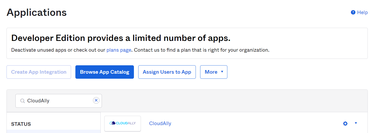 Okta application, browse app catalog button highlighted, and CloudAlly button appears.