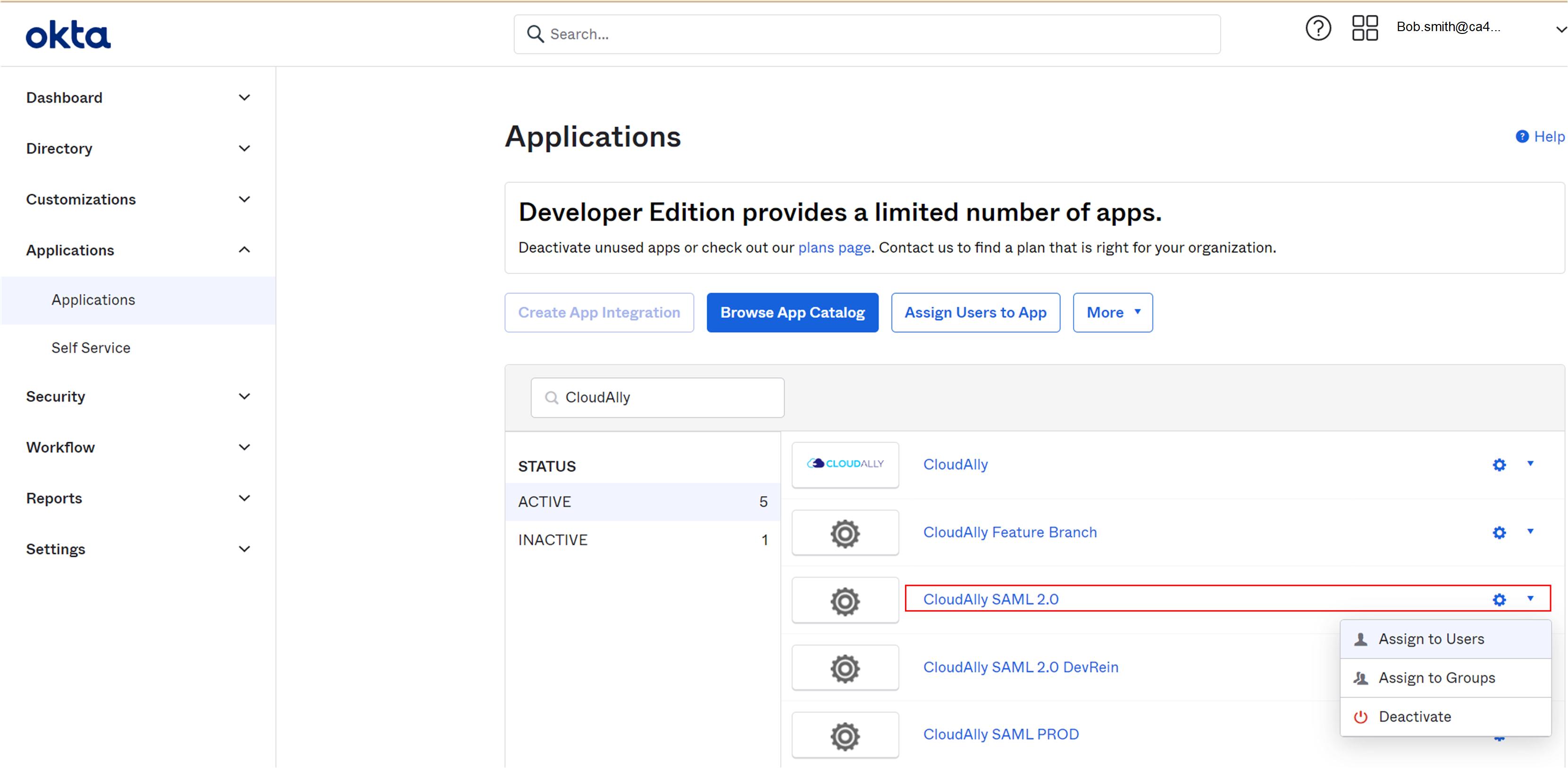 Okta application, CloudAlly SAML selected, Assign to Groups option 