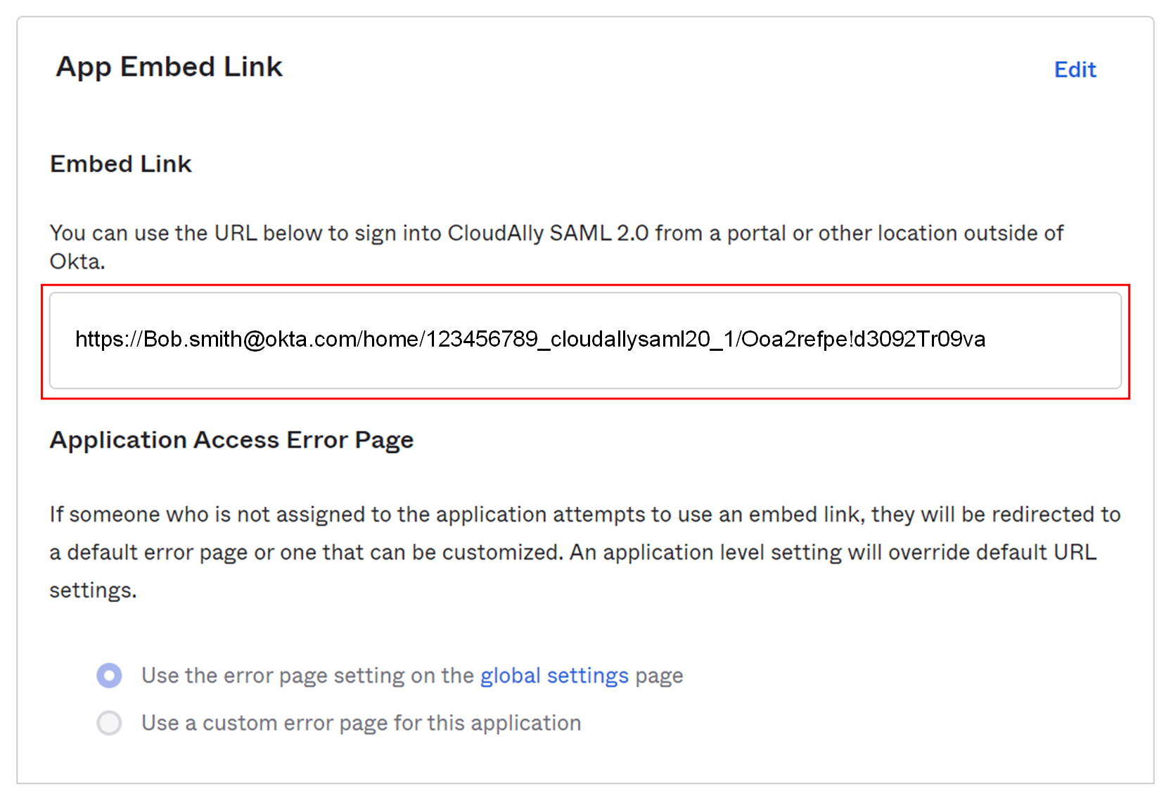 Okta application, App Embed link page, with the generated URL highlighted