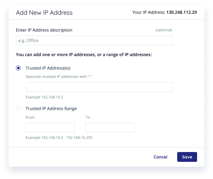 Add New IP Address. Trusted IP Addresses is selected, and Save is highlighted.