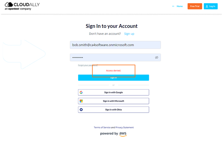 Account sign-in page, with Access Denied error message