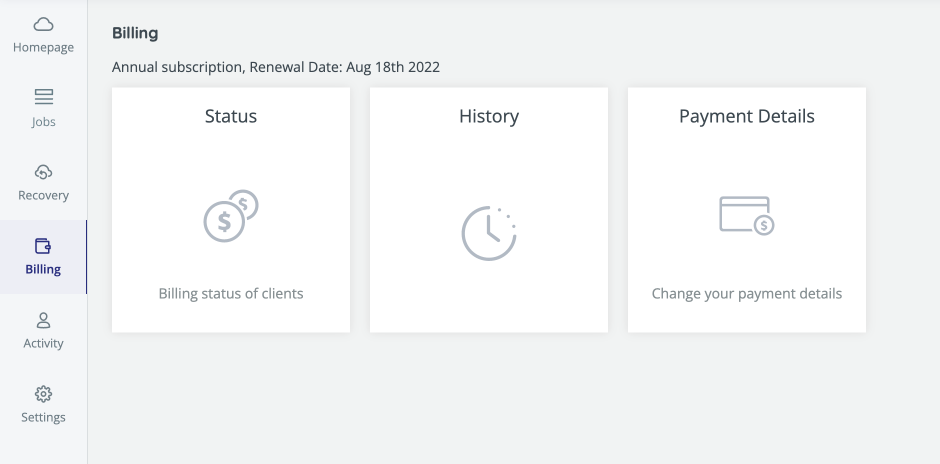 Main billing page with 3 options: status, history and payment details