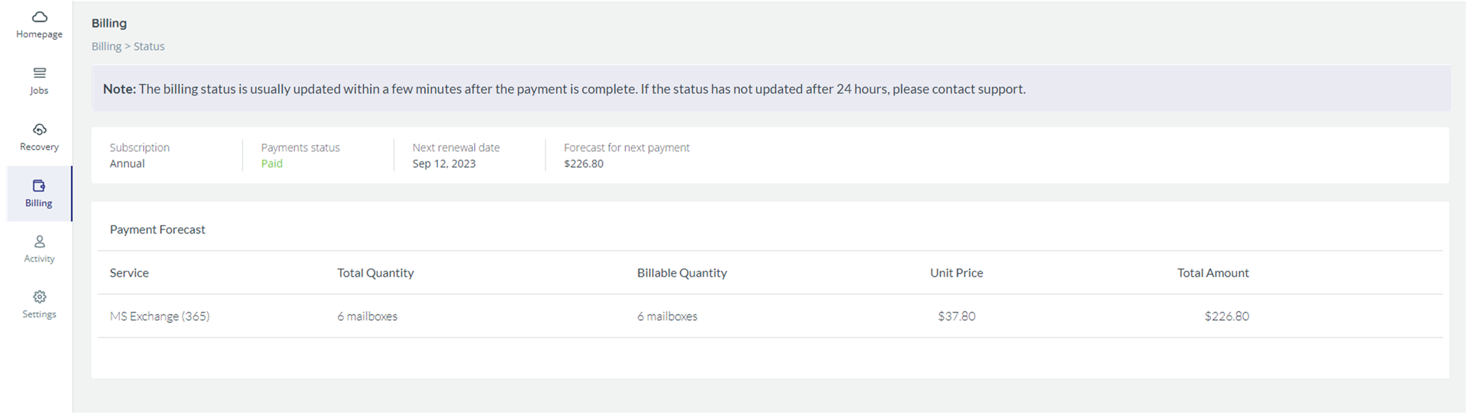 Billing status page: Service type and backup name, quantity, unit price and total amount