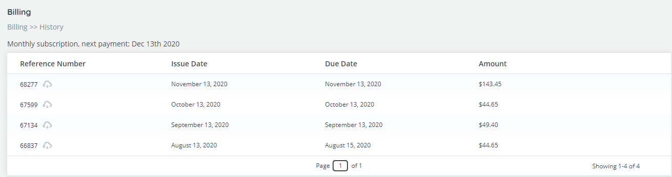 Billing history with list of past payments