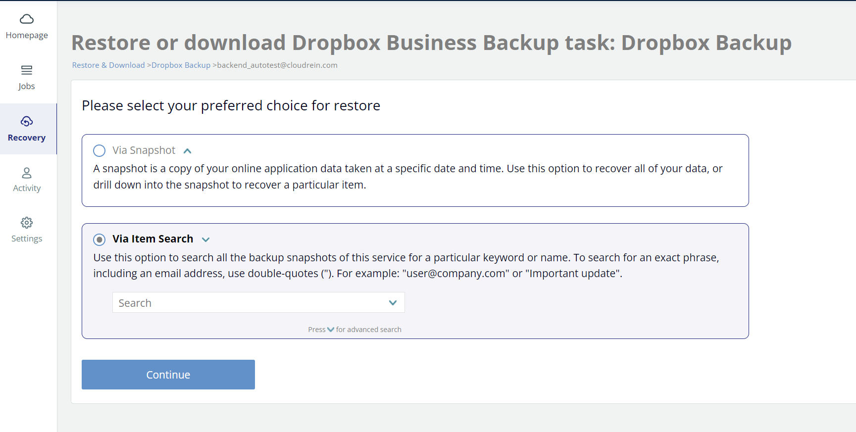 Restore or download via item search