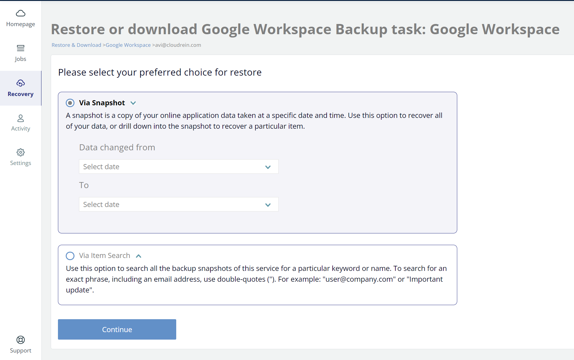 Restore or download Google Workspace backup task - via snapshot or via search