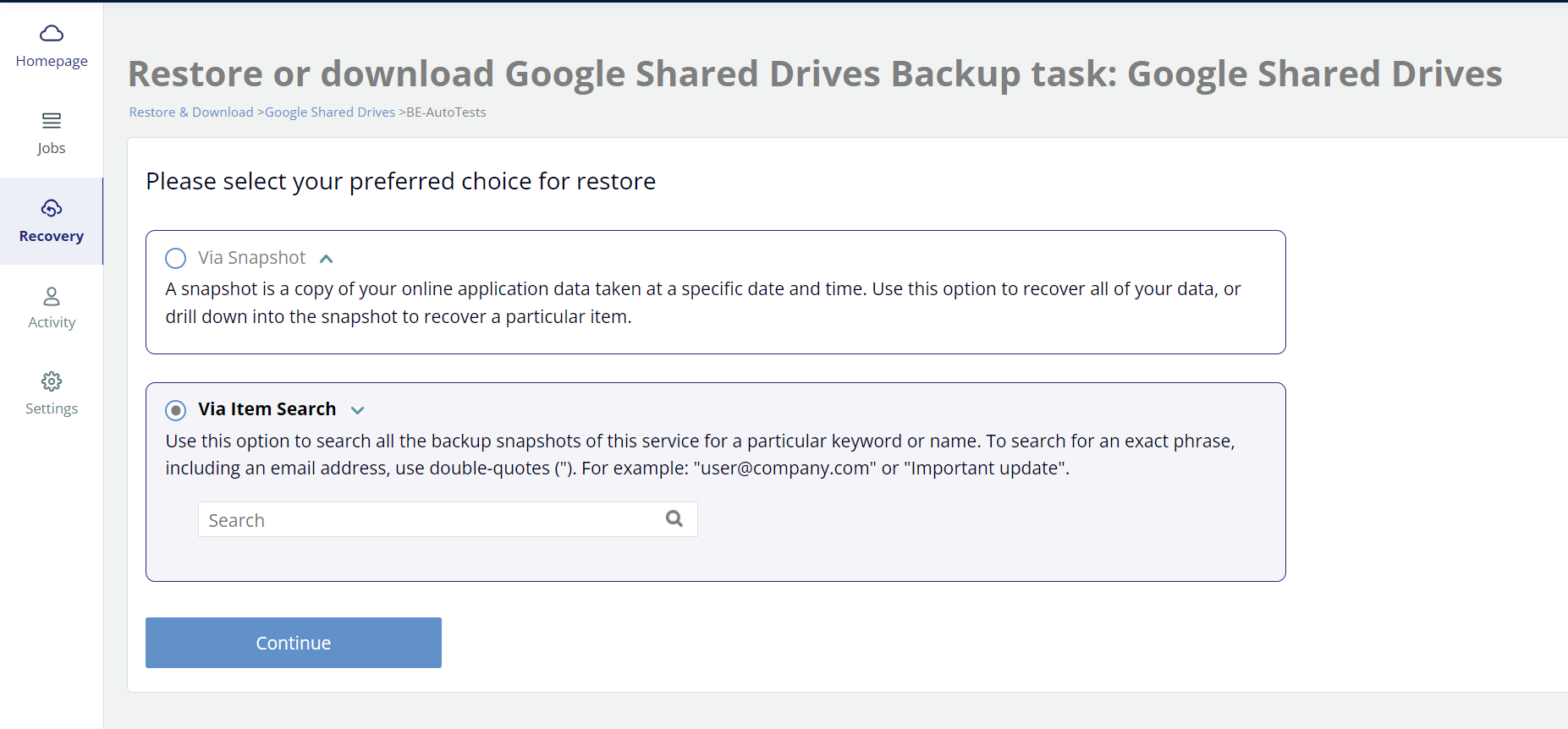 Restore or download via item search