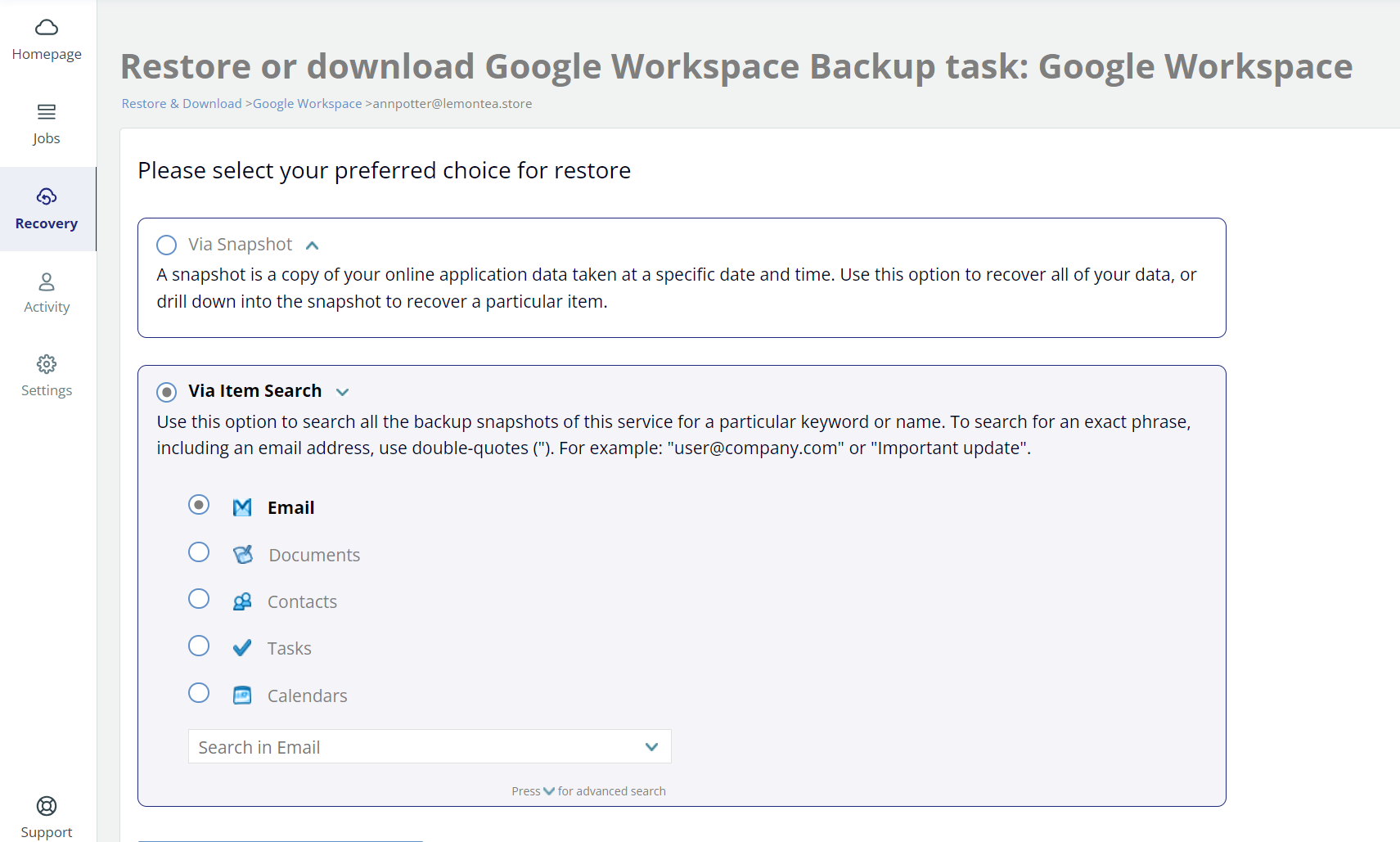 Restore or download via item search
