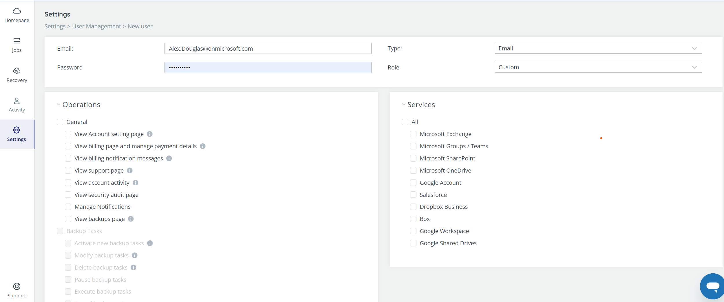 New user settings, with list of Operations and Services options