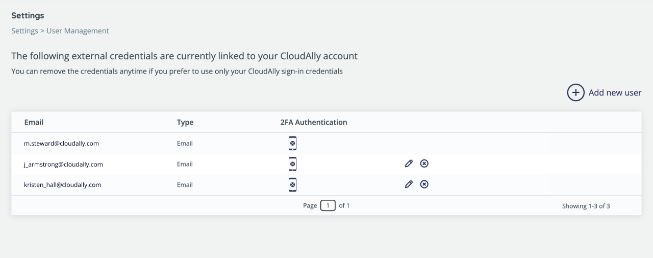 User Management settings - list of external credentials linked to your account