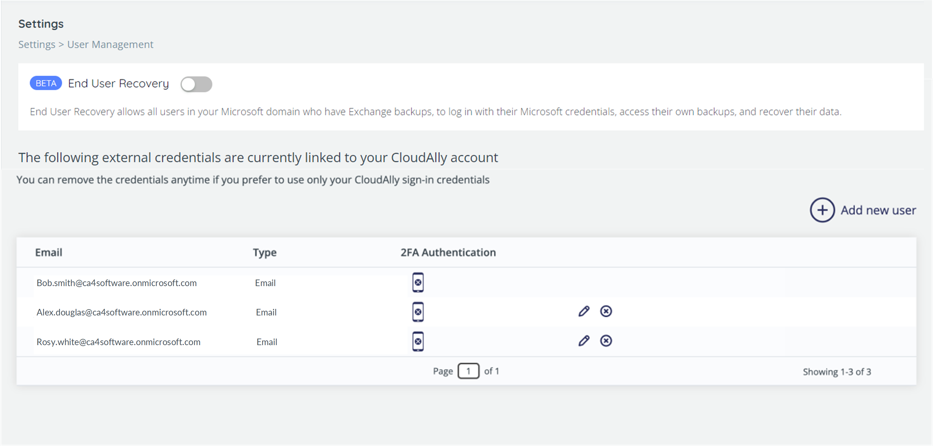 User Management settings - list of external credentials linked to your account