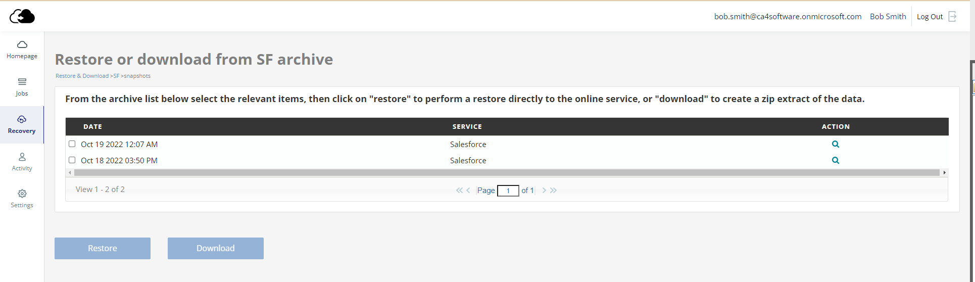 Restore or download from Salesforce archive