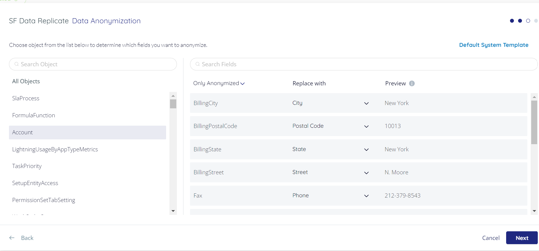 Data Anonymization - Account object highlighted on the left, and fields listed on the right, with controls for each