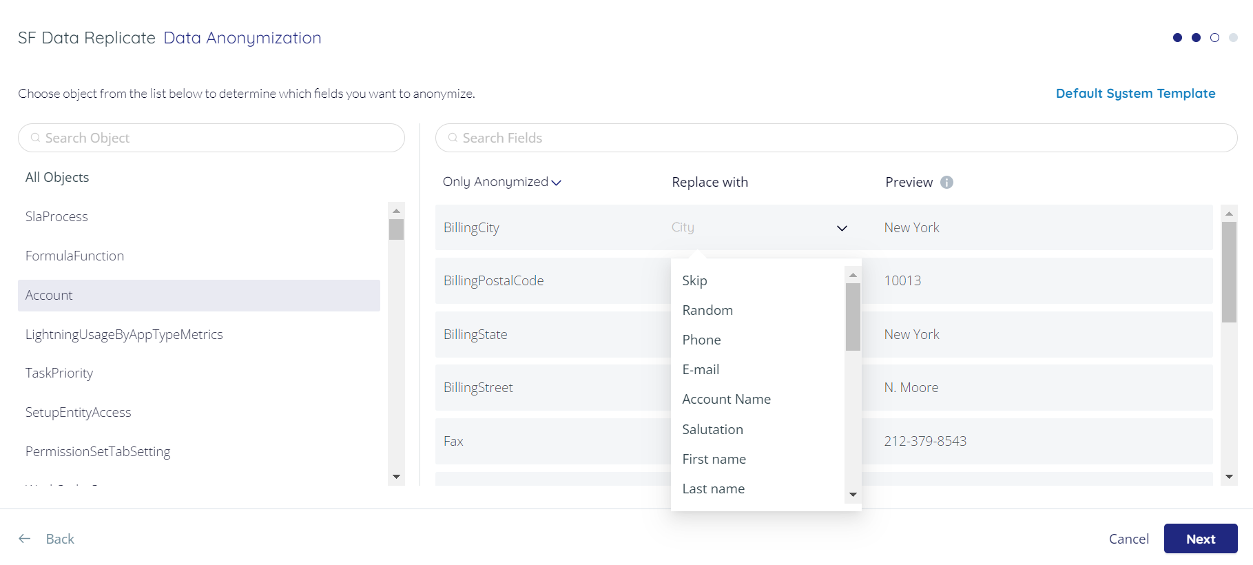 Drop-down list of replace options for the Billing City field
