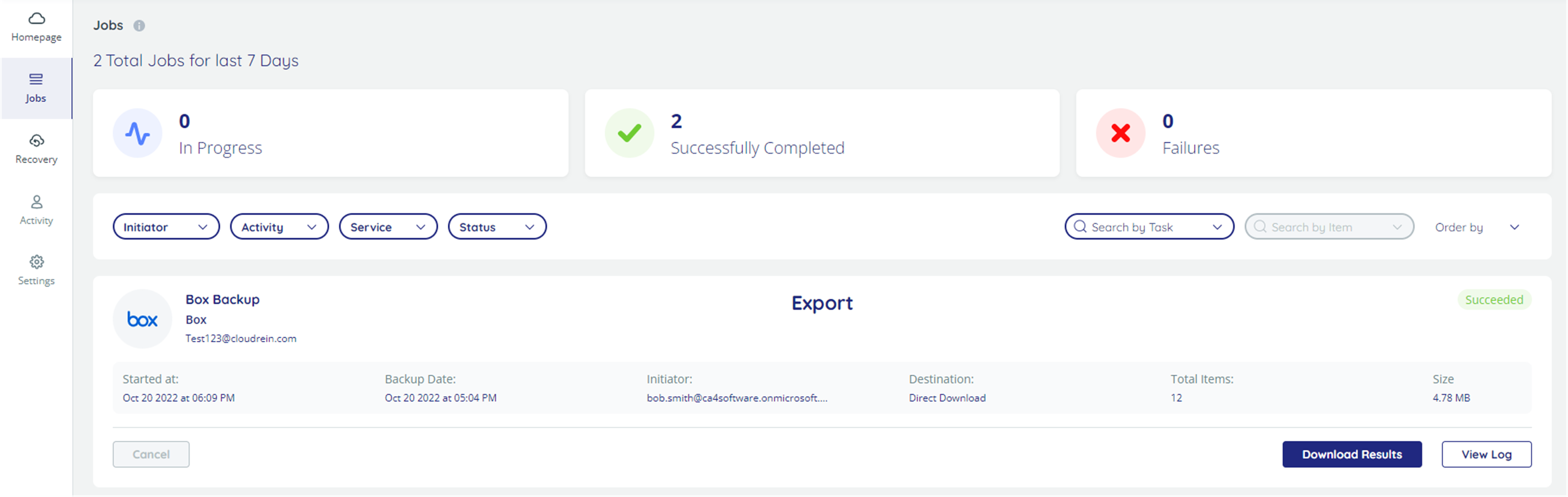 Jobs dashboard, with number of in progress, successfully completed, and failed jobs displayed