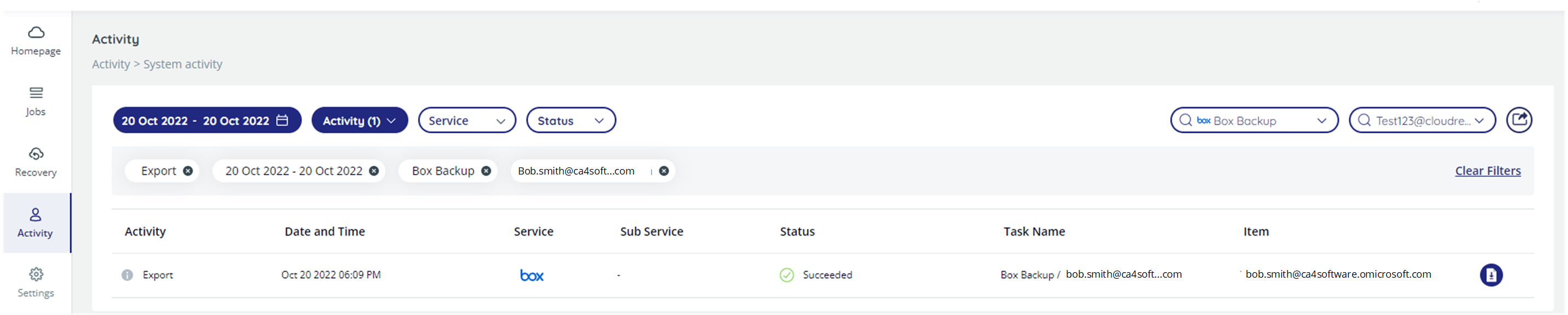 System Activity page, with Activity, Date and Time, Service, Sub-Service, Status, Task Name, and Item