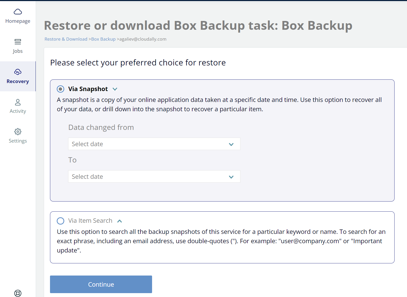 Restore or download Box backup task - via snapshot or via search