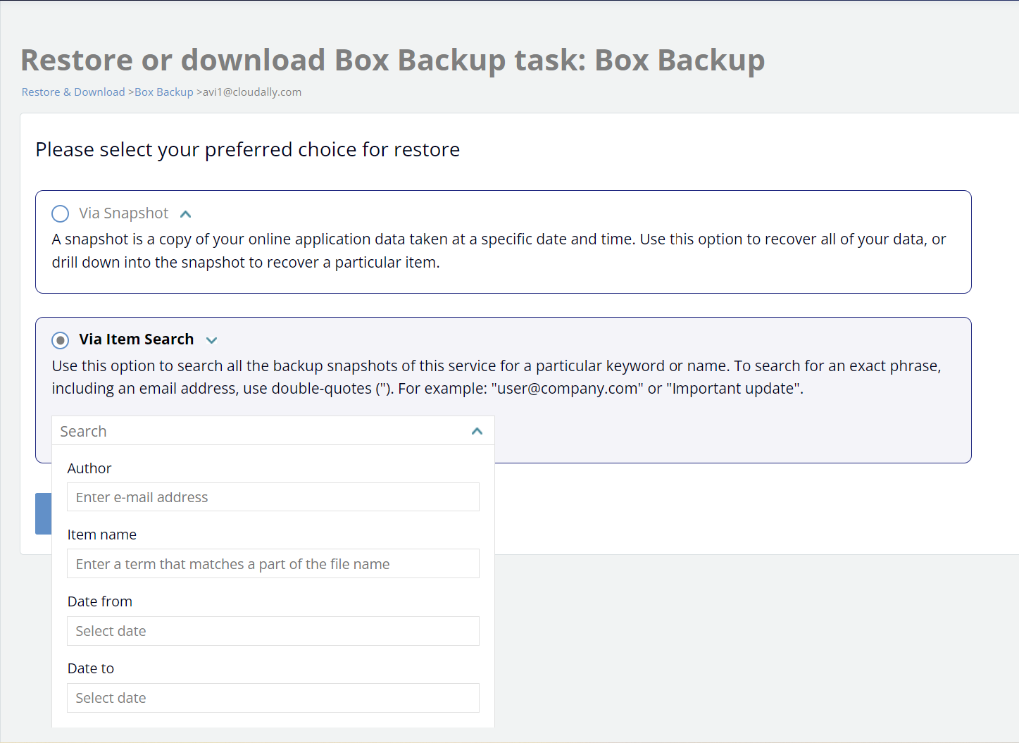 Restore or download Box Backup task - via item search options displayed