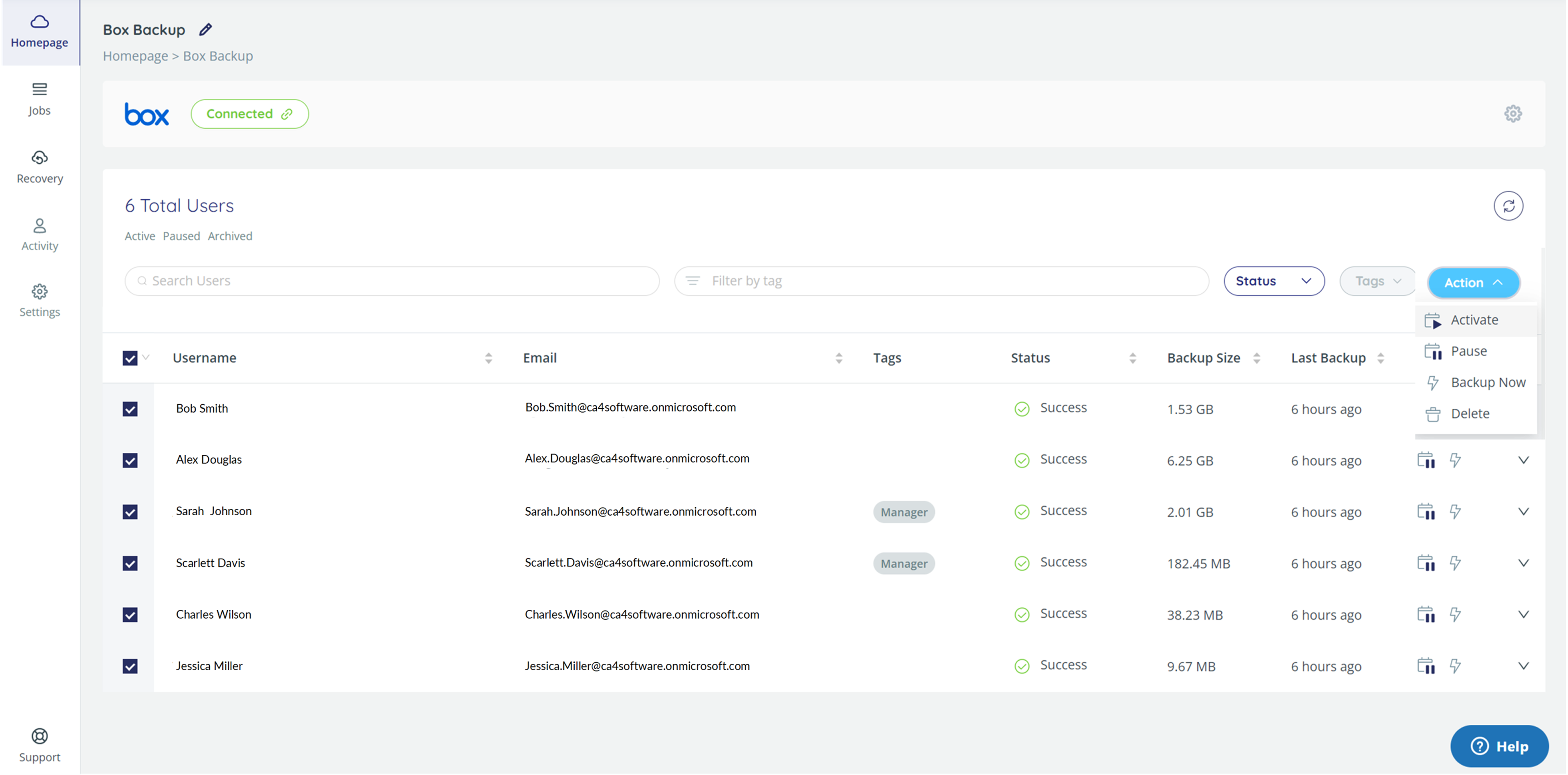 List of Box users with Action > Activate highlighted