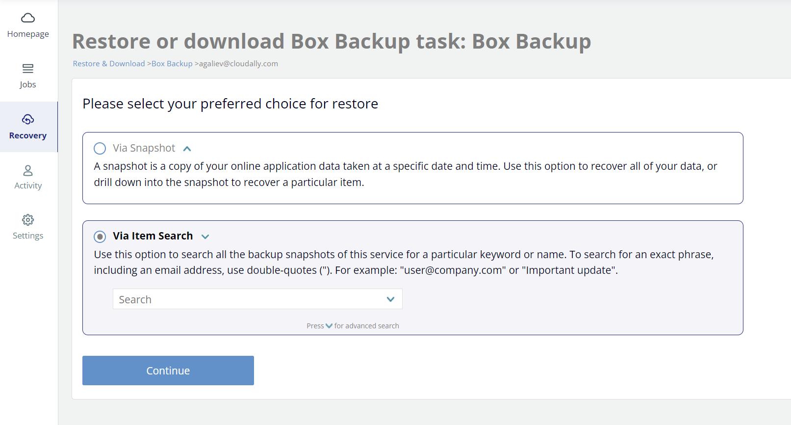 Restore or download via item search