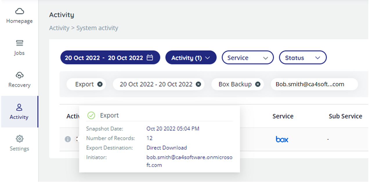 Info pop-up displaying backup execution time, the size of the stored data, and the number of entities, and the summary of the backup execution