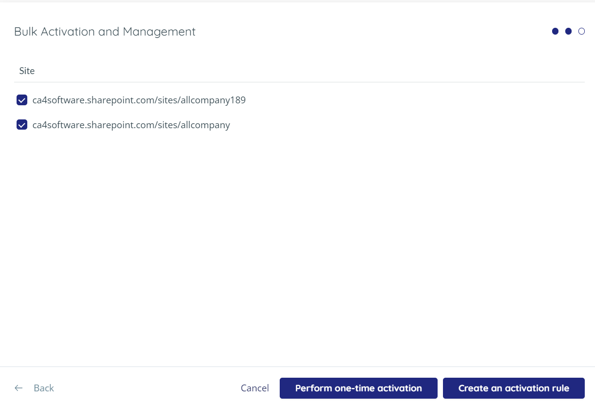 Bulk Activation and Management - one or more sites selected, and Create an Activation Rule highlighted