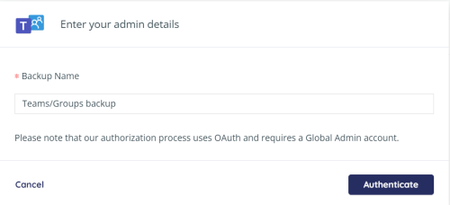 Create new Teams and Groups backup task - enter admin details