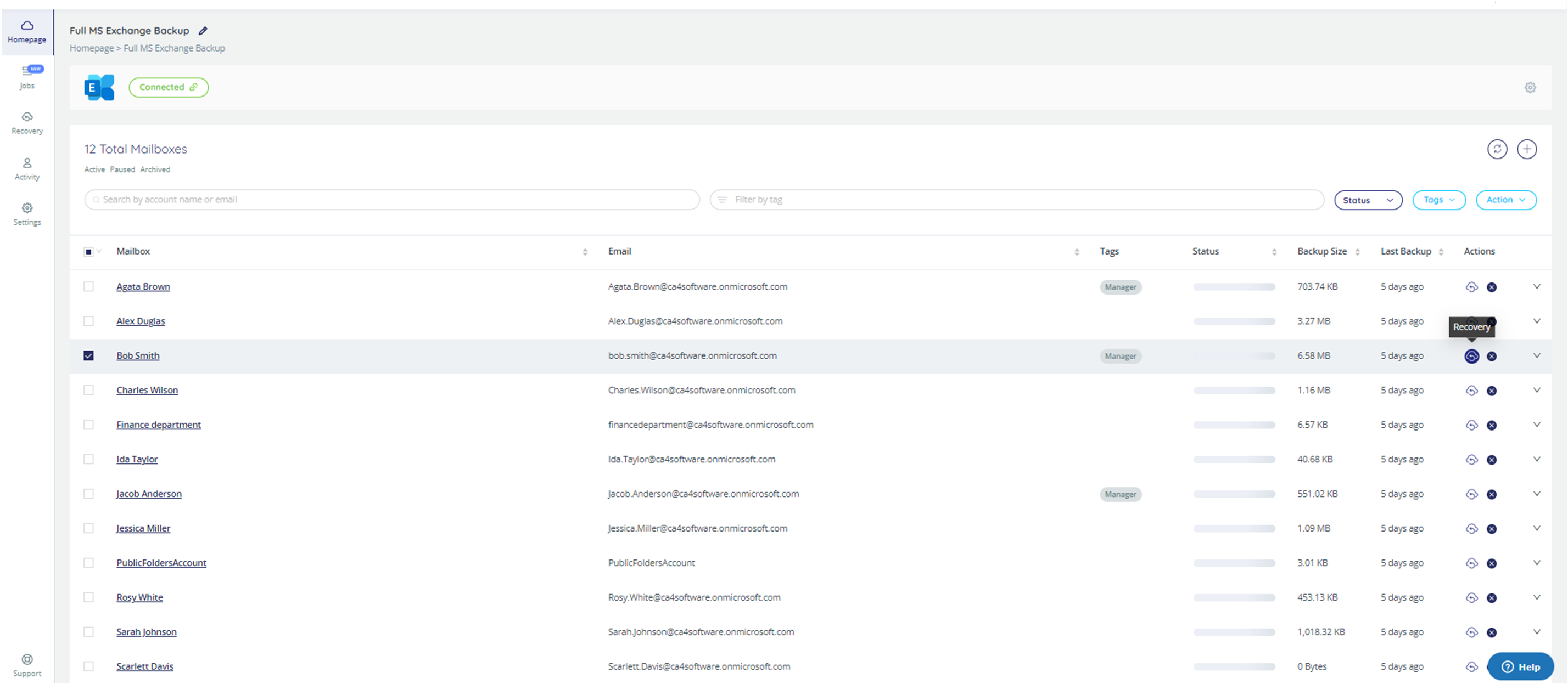 List of Microsoft Exchange mailboxes, with the recovery button highlighted