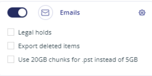 Export options: legal holds, deleted items, and 20 gigabyte chunks