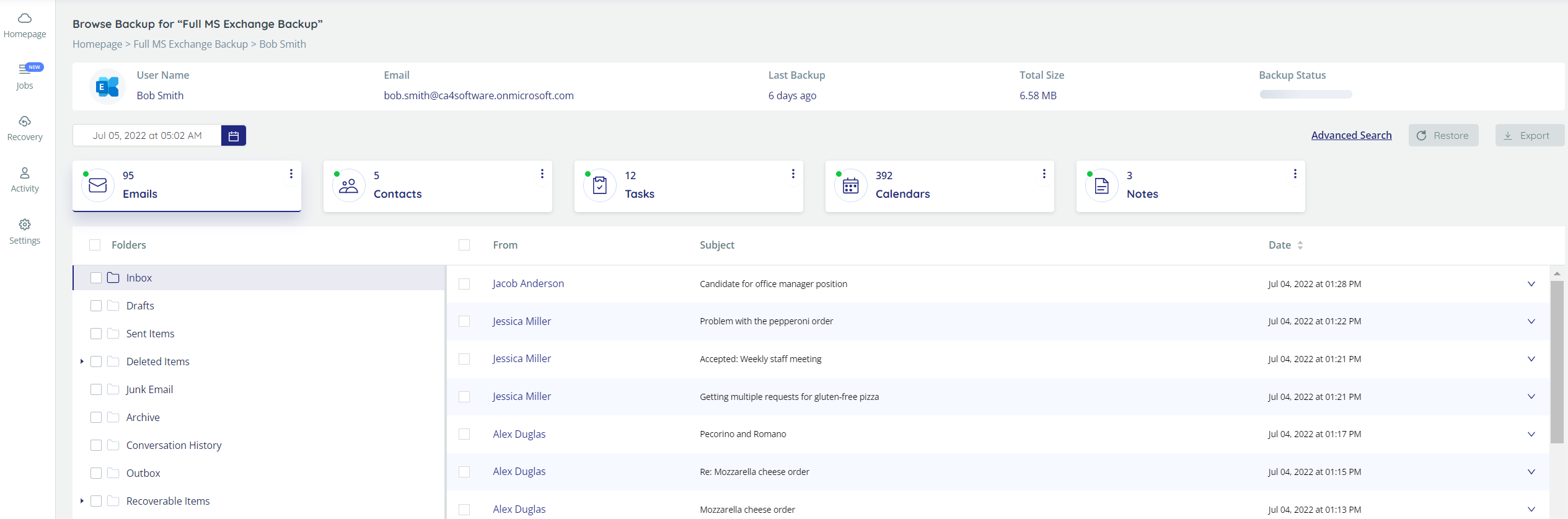 Browse backup - Inbox highlighted, with the contents of the inbox showing