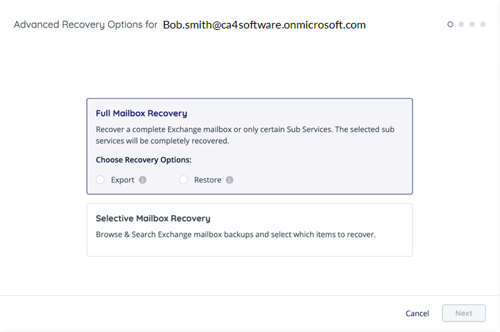 Advanced Recovery Options with Full Mailbox Recovery selected.