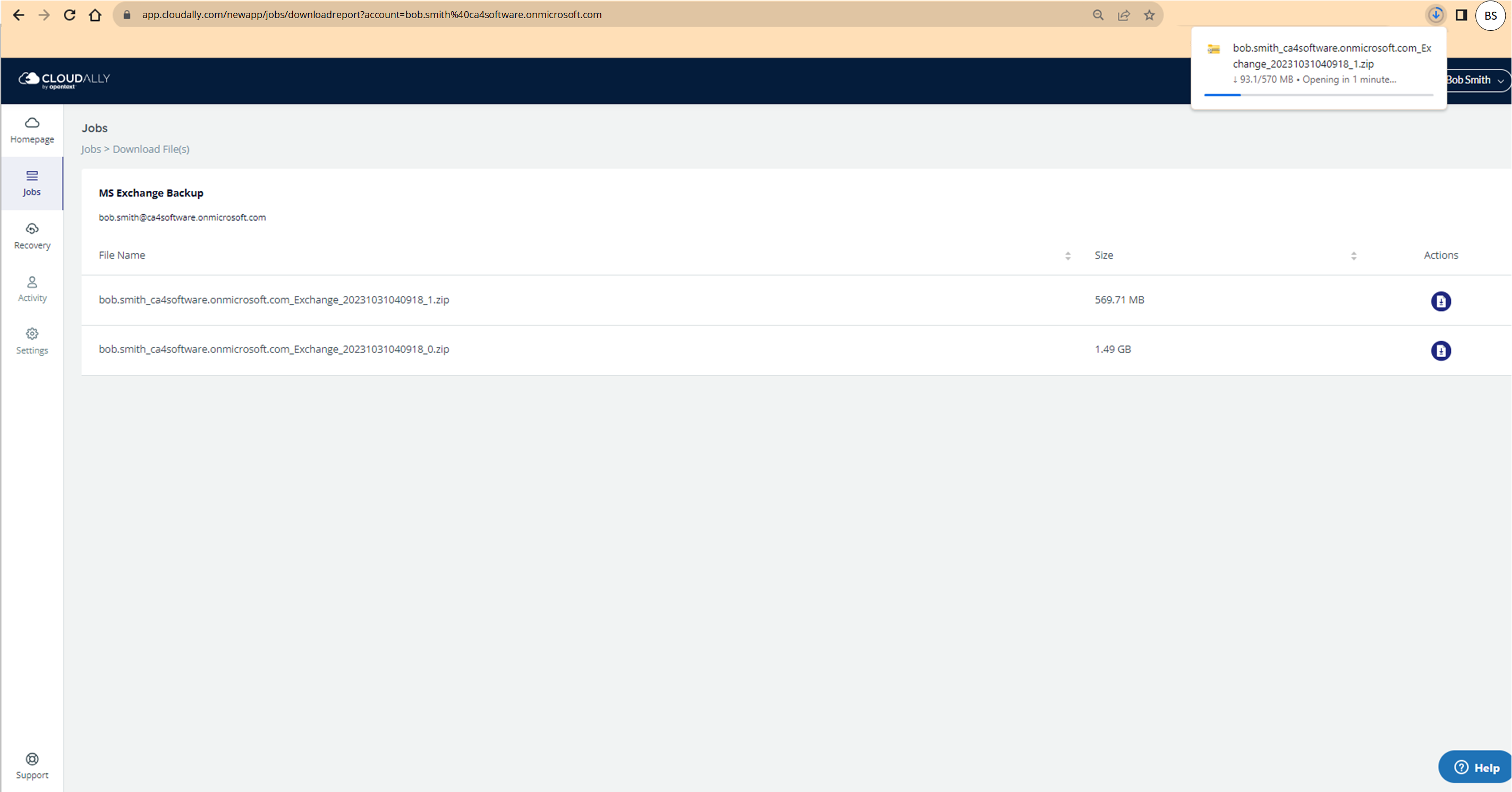 Microsoft Exchange Backp export page with button that downloads the export zip file