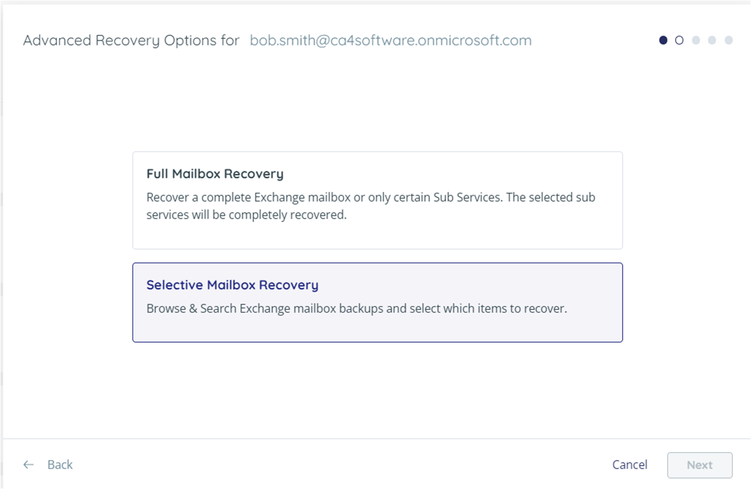 Advanced recovery options - Selective Mailbox Recovery selected