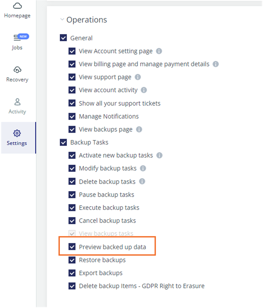 Backup account administrator settings - Preview Backed Up Data option selected