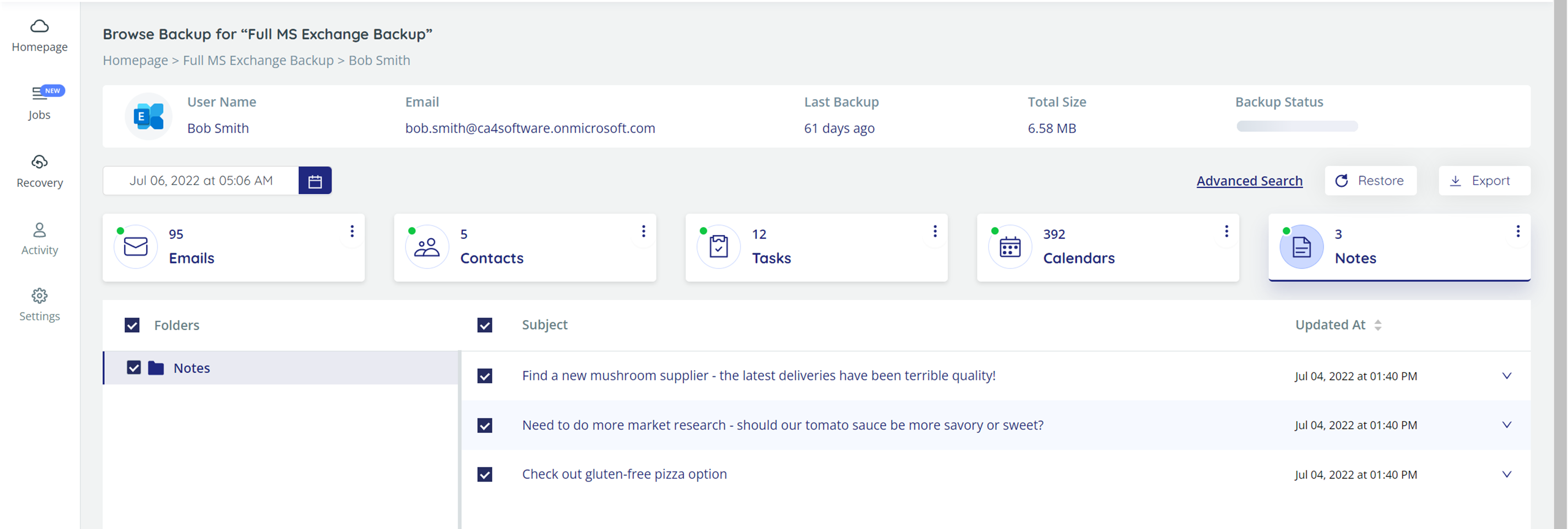 Browse backup - select Note to preview its contents
