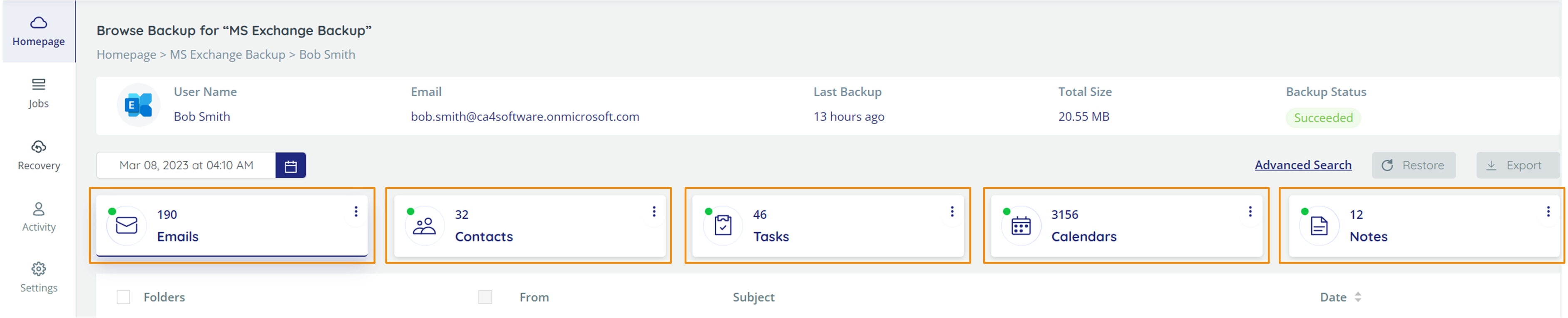 Browse backup - sub-service cards: Emails, contacts, Tasks, Calendars and Notes