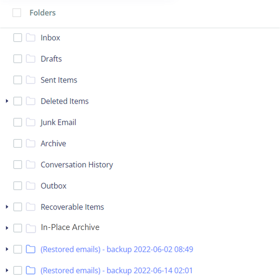 Folders that you can choose to recover