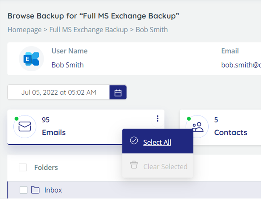 Browse backup - right-click on Emails card and choose Select All