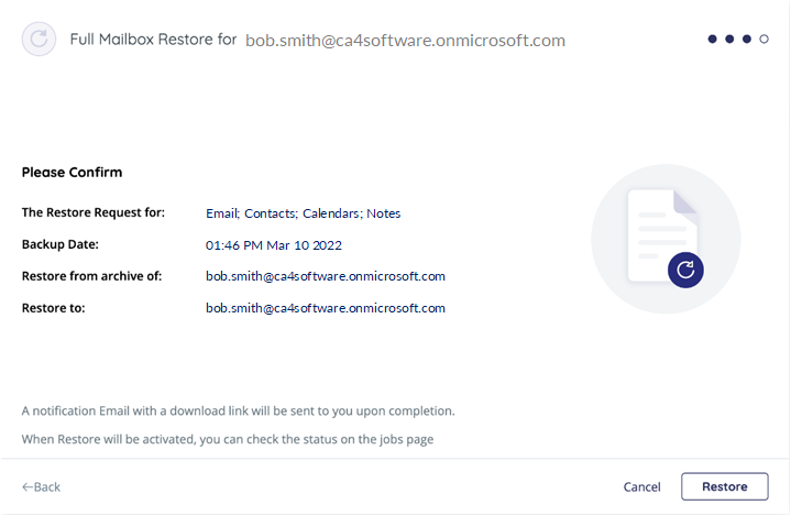 Full mailbox restore - final confirmation. Click restore.