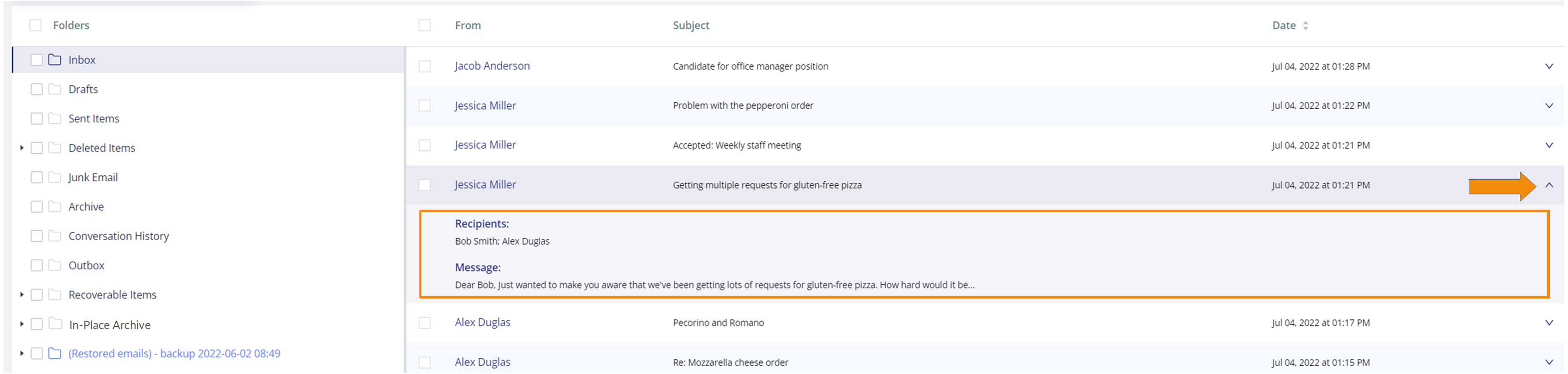 Browse backups - view first line of email